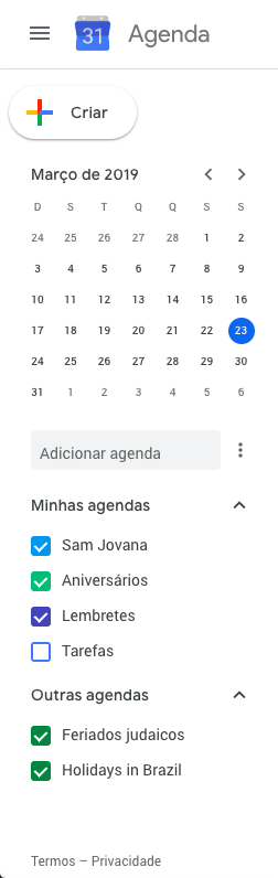 Criar calendários google
