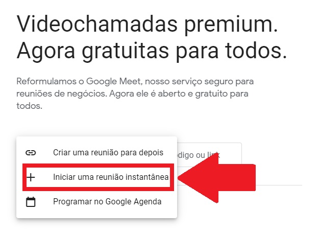 Iniciando uma reunião no Google Meet