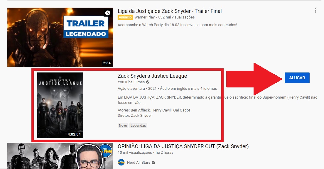 Passo 2 de como alugar o Snyder Cut no YouTube