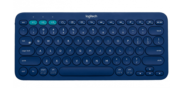 teclados bluetooth da logitech em azul escuro, com três teclas em destaque turquesa