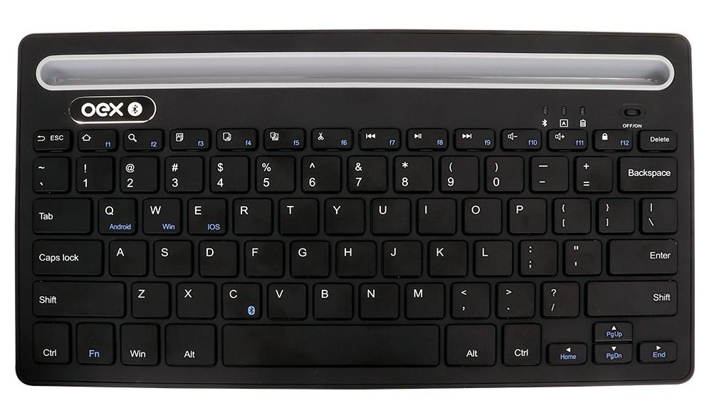 teclado em preto com uma barra em cinza para apoio do celular ou tablet