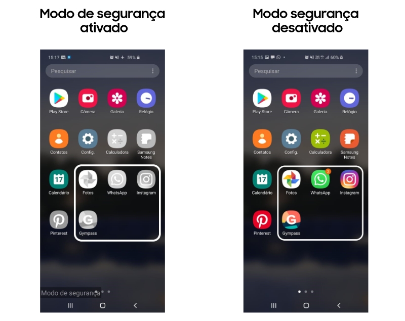 uma tela mostrando o celular no modo de segurança, com aplicativos em cinza e outra tela mostrando o celular no modo normal, com aplicativos coloridos