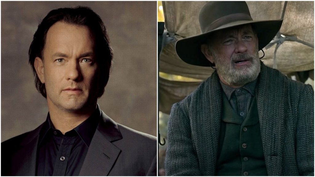 À esquerda, Tom Hanks como o professor Robert Langdon; à direita, o ator como Capitão Kidd em Relatos do Mundo (Imagem: Reprodução/Universal Studios | Netflix)