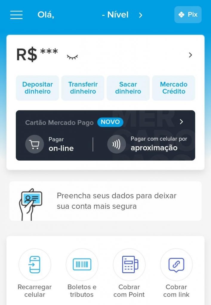 Tela inicial do aplicativo do Mercado Pago (Captura: Alexandre Garcia Peres/Tech News Brasil)