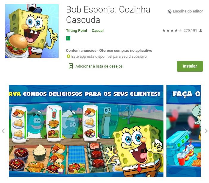 Página do Bob Esponja: Cozinha Cascuda no Google Play (Imagem: Divulgação/Tilting Point)
