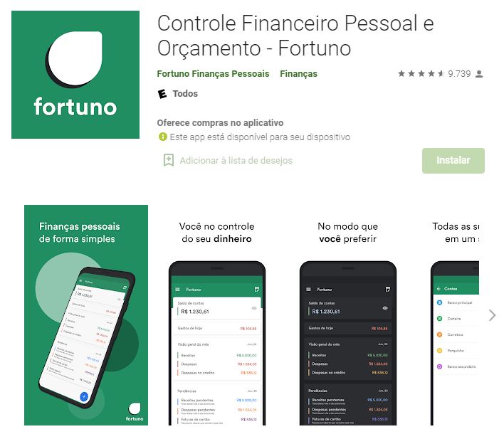 Página do Fortuno na Google Play (Imagem: Divulgação/Fortuno Finanças Pessoais)