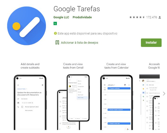 Página do Google Tarefas na Google Play (Imagem: Reprodução/Google)