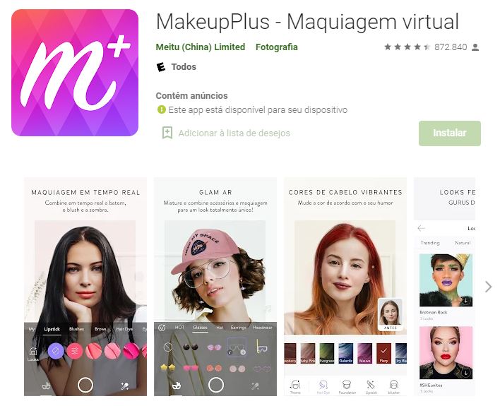 Página do MakeupPlus - Maquiagem Virtual no Google Play (Imagem: Divulgação/Meitu Limited)