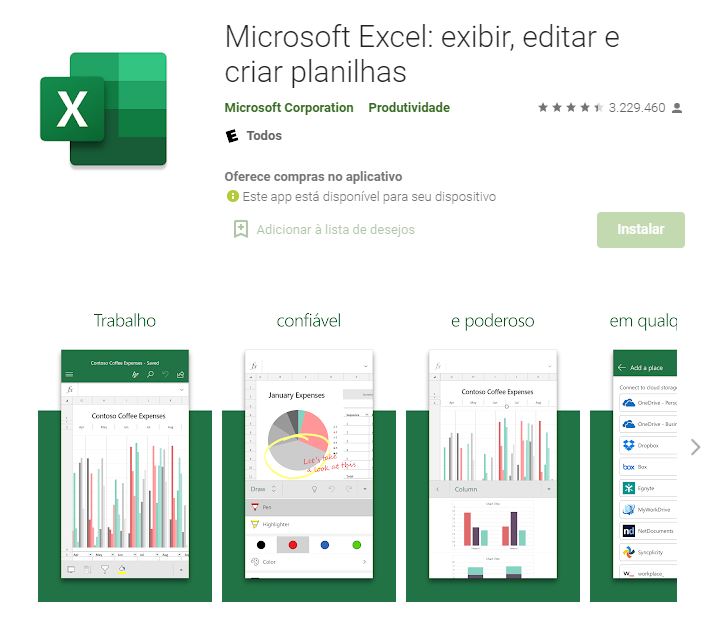 Página do Microsoft Excel na Google Play (Imagem: Divulgação/Microsoft Corporation)