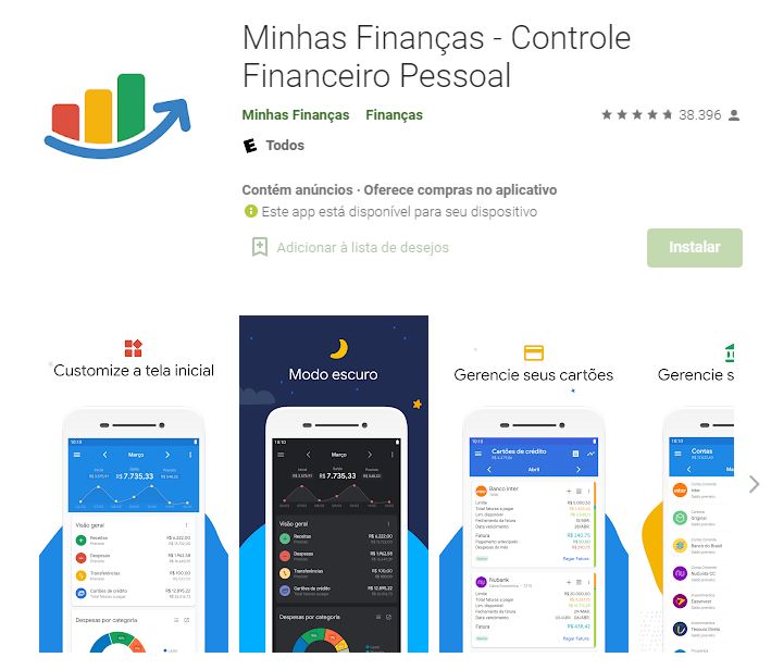 Página do Minhas Finanças na Google Play (Imagem: Divulgação/Minhas Finanças)