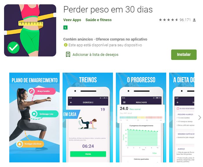 Página do app Perder Peso em 30 Dias no Google Play (Imagem: Divulgação/Veev Apps)