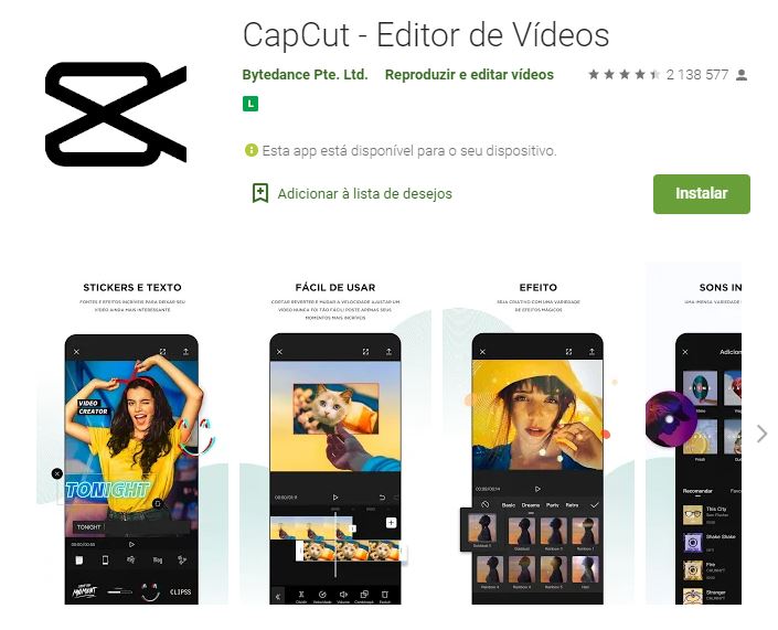 Página do CupCut no Google Play (Imagem: Divulgação/Bytedance Pte. Ltd.)