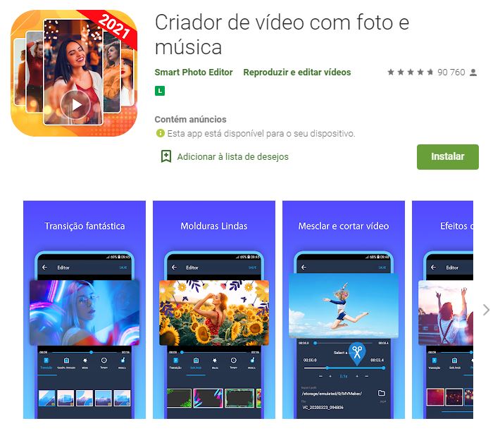 Página do Criador de Vídeo com Foto e Música no Google Play (Imagem: Divulgação/Smart Photo Editor)