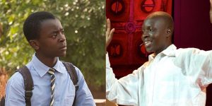 À esquerda, o ator Maxwell Simba interpretando William no filme; à direita, o verdadeiro William Kamkwamba em sua participação no TED (Imagem: Reprodução/TED | Netflix)