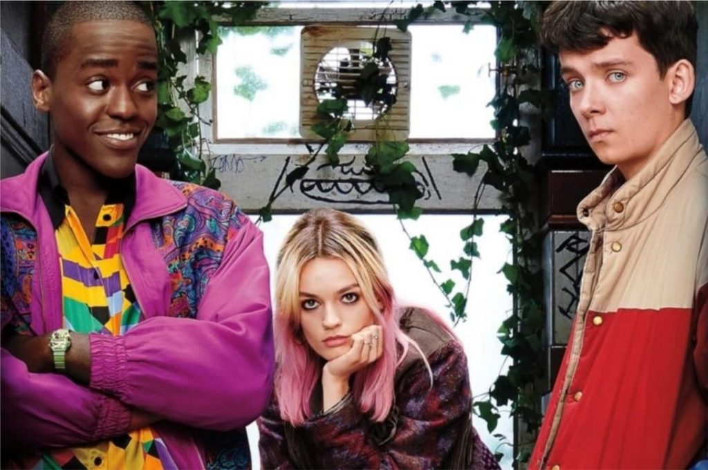 À esquerda, Ncutti Gatwa como Eric; no centro, Emma Mackey como Maeva; à direita, Asa Butterfield como Otis Milburn (Imagem: Divulgação/Netflix)