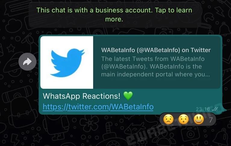 O suposto novo recurso de reações com emojis a mensagens enviadas no WhatsApp (Imagem: Reprodução/WABetaInfo)