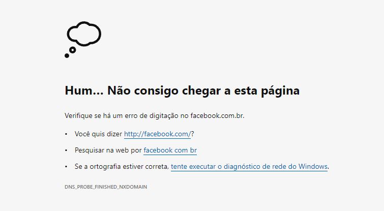 Página de erro exibida ao acessar o site do Facebook (Captura: Alexandre Garcia Peres | Tech News Brasil)