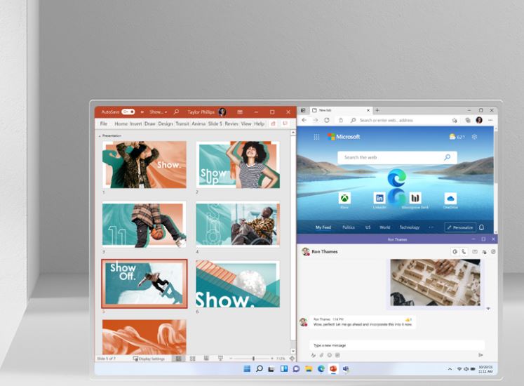 O esquema de encaixe, as janelas arredondas e o menu iniciar centralizado no Windows 11 (Imagem: Divulgação/Microsoft)