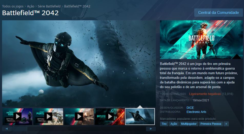 Página de Battlefield 2042 na Steam (Imagem: Reprodução/Electronic Arts | Steam)