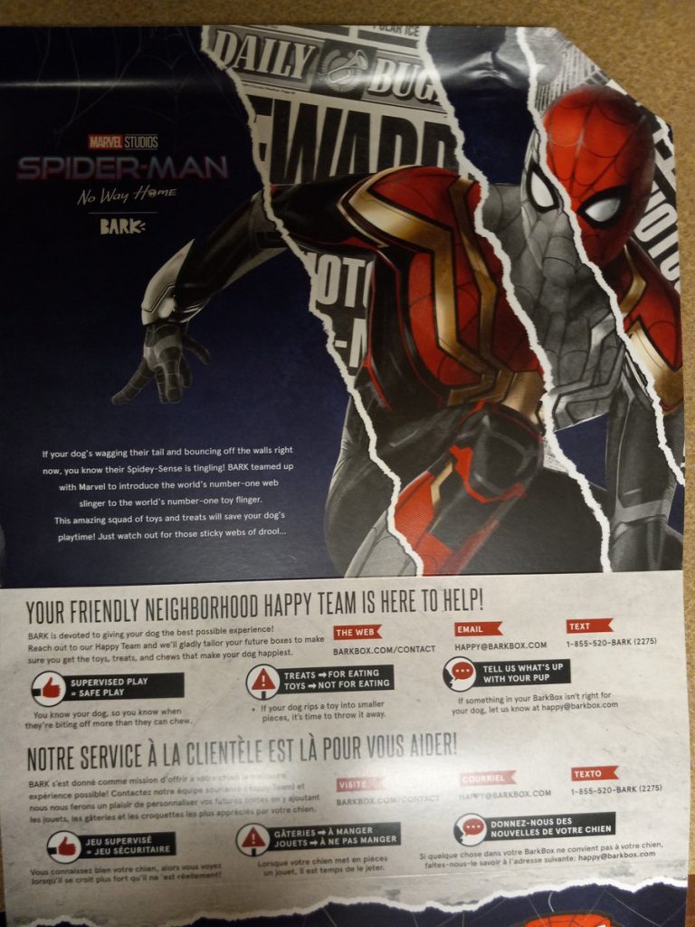 Panfleto promocional de Homem-Aranha: Sem Volta Para Casa celebrando o lançamento do serviço Barkbox (Imagem: Reprodução/twitter.com/Dominic_kravitz)
