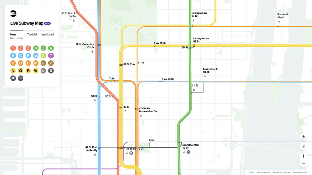MTA Live Subway Map mostra funcionamento dos metrôs de Nova York em tempo real (Imagem: Reprodução/MTA)