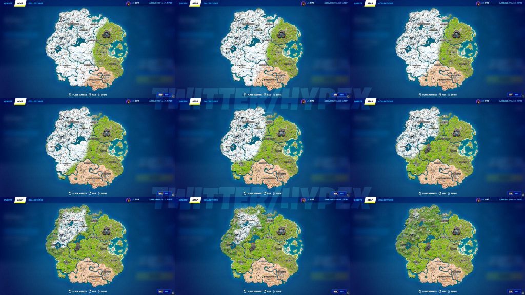 Mudanças que o mapa do Fortnite vai ter ao longo da Temporada 1 do Capítulo 3 (Imagem: Reprodução/@HYPEX)