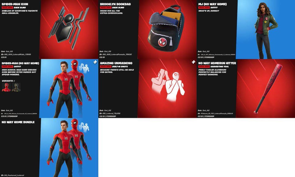 Novos cosméticos de Homem-Aranha que vão chegar em breve ao Fortnite (Imagem: Reprodução/@iFireMonkey)