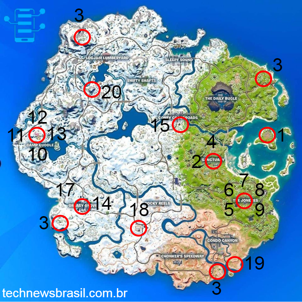 Localização de todos os NPCs da Temporada 1, Capítulo 3 de Fortnite (Imagem: Alexandre Garcia Peres/Tech News Brasil)