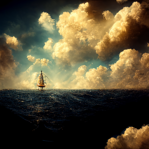 Marinheiro solitário, navio a velas de madeira em um grande oceano, poucas nuvens, sol brilhante, nostálgico, 4k (Imagem: Gargolyt/ Midjourney)