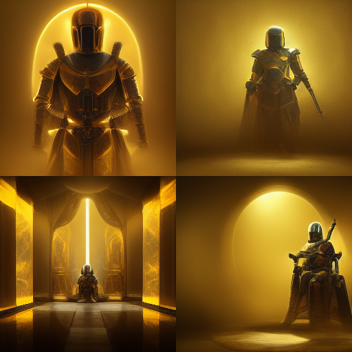 Caçador de recompensas Mandaloriano, Trono, Sala brilhante, 4k, armadura majestica, raios de luz, dourado (Imagem: Rofl/ Midjourney)